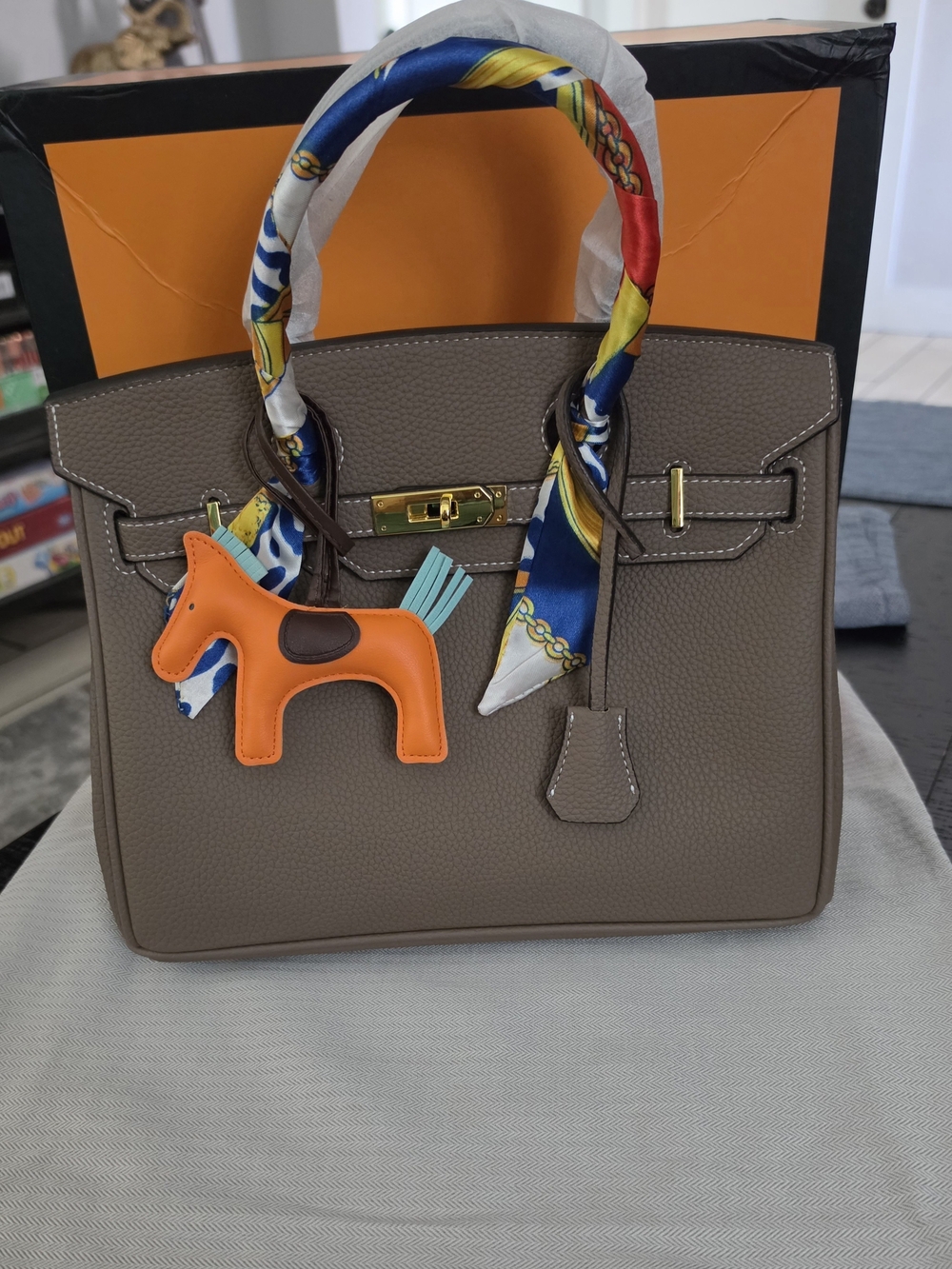 Taupe Leather Tote Bag with Colorful Scarf and Orange Charm